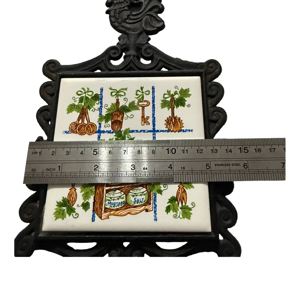 VTG Cherry MCM Ceramic Tile Cast Iron Trivet Kitchen Japan Excellent Condition!